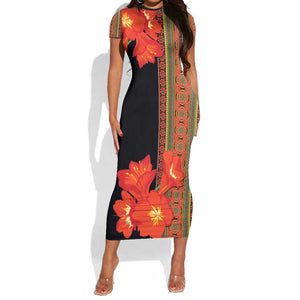 Afro Beauty Clivia Miniata Flowers Short Sleeve Bodycon Dress LT9