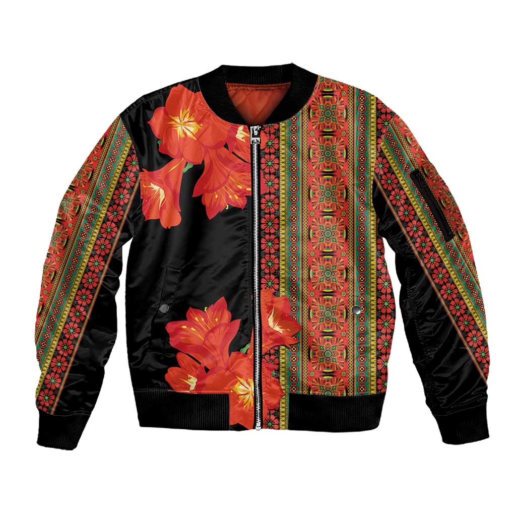 Afro Beauty Clivia Miniata Flowers Sleeve Zip Bomber Jacket