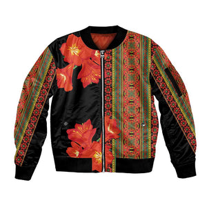 Afro Beauty Clivia Miniata Flowers Sleeve Zip Bomber Jacket