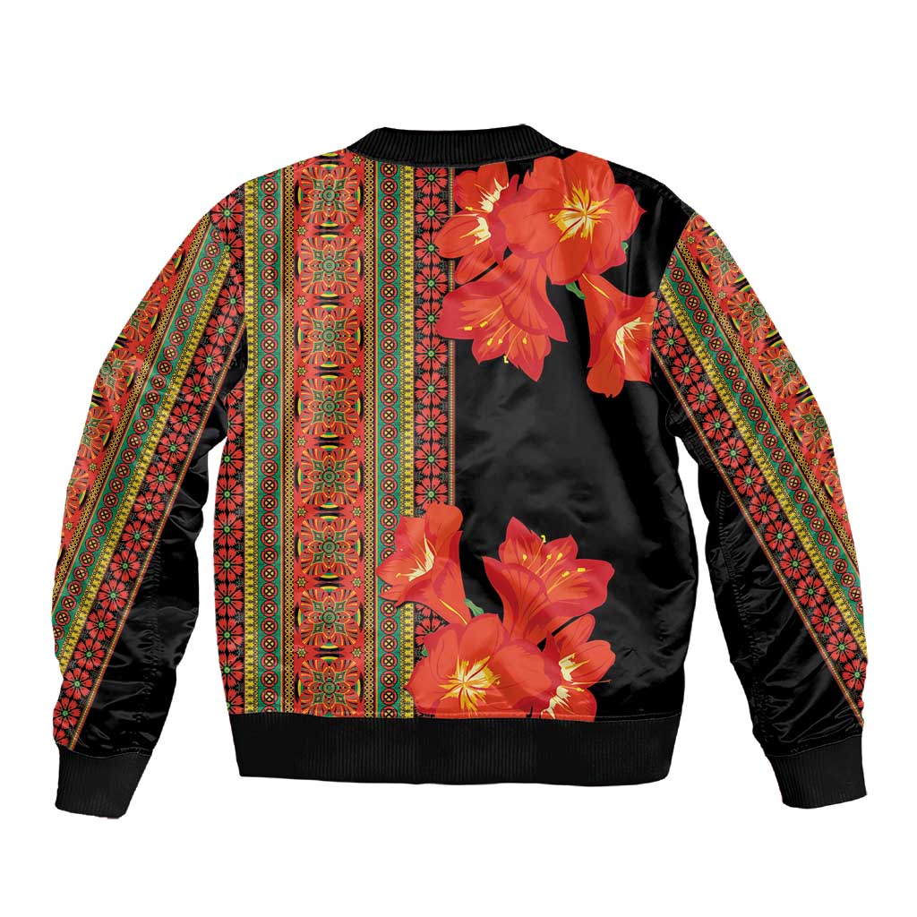 Afro Beauty Clivia Miniata Flowers Sleeve Zip Bomber Jacket