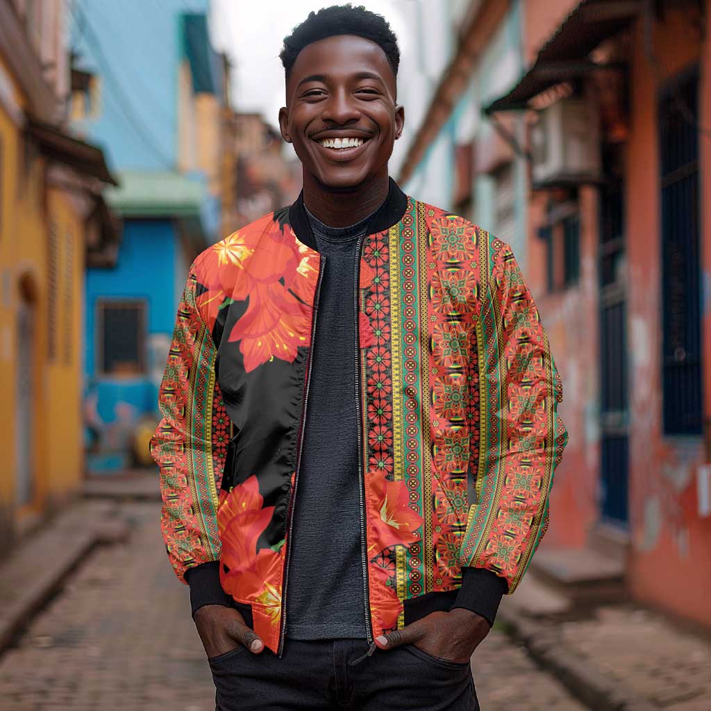 Afro Beauty Clivia Miniata Flowers Sleeve Zip Bomber Jacket