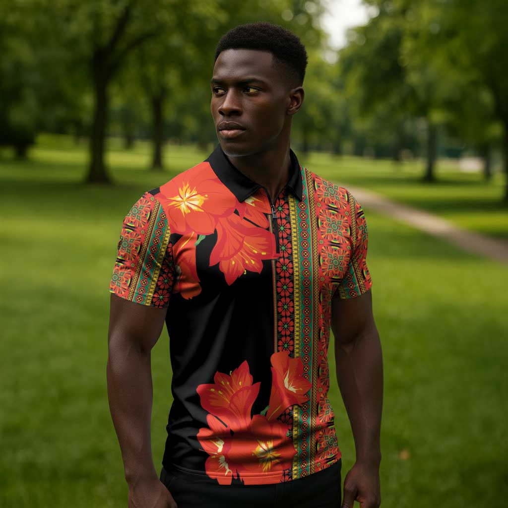 Africa Beauty Clivia Miniata Flowers Zipper Polo Shirt