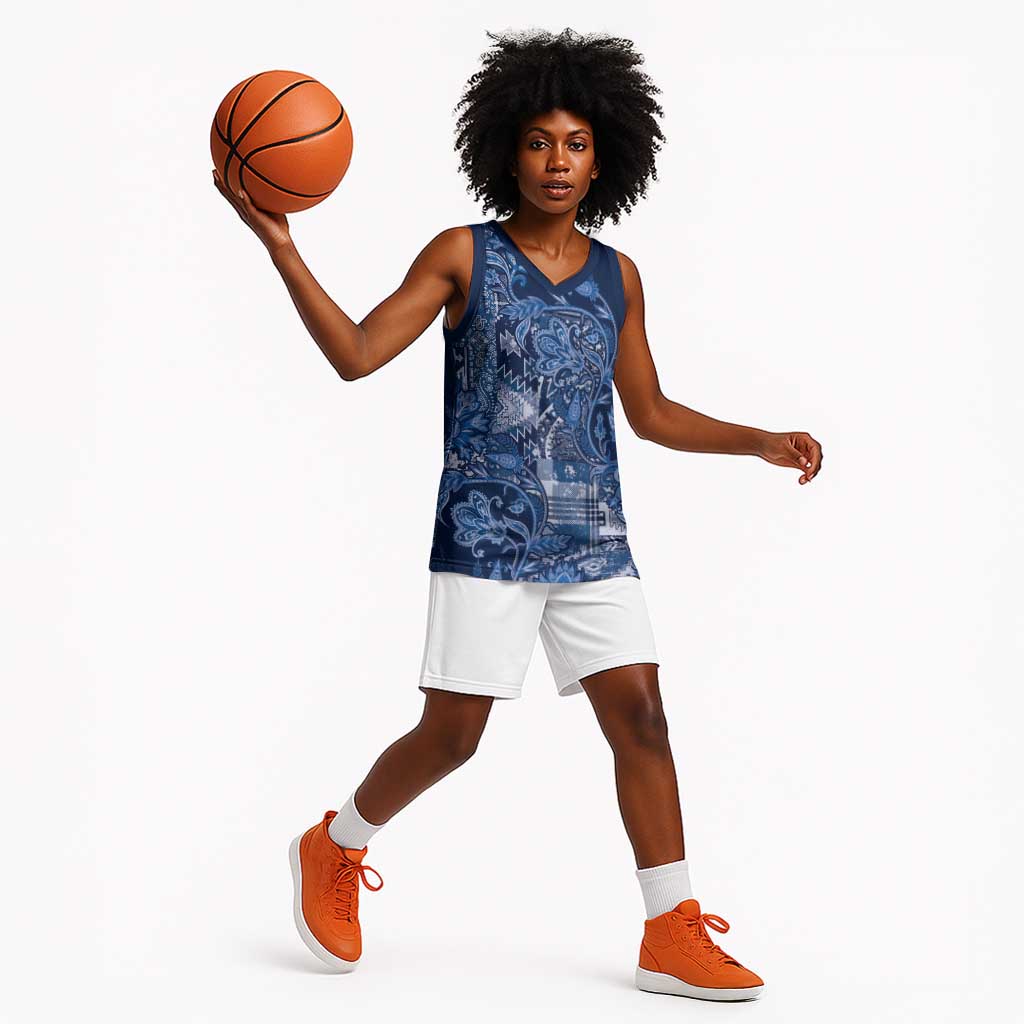 Afro Floral mix Maasai Shuka Basketball Jersey Blue Moitf - African Pride