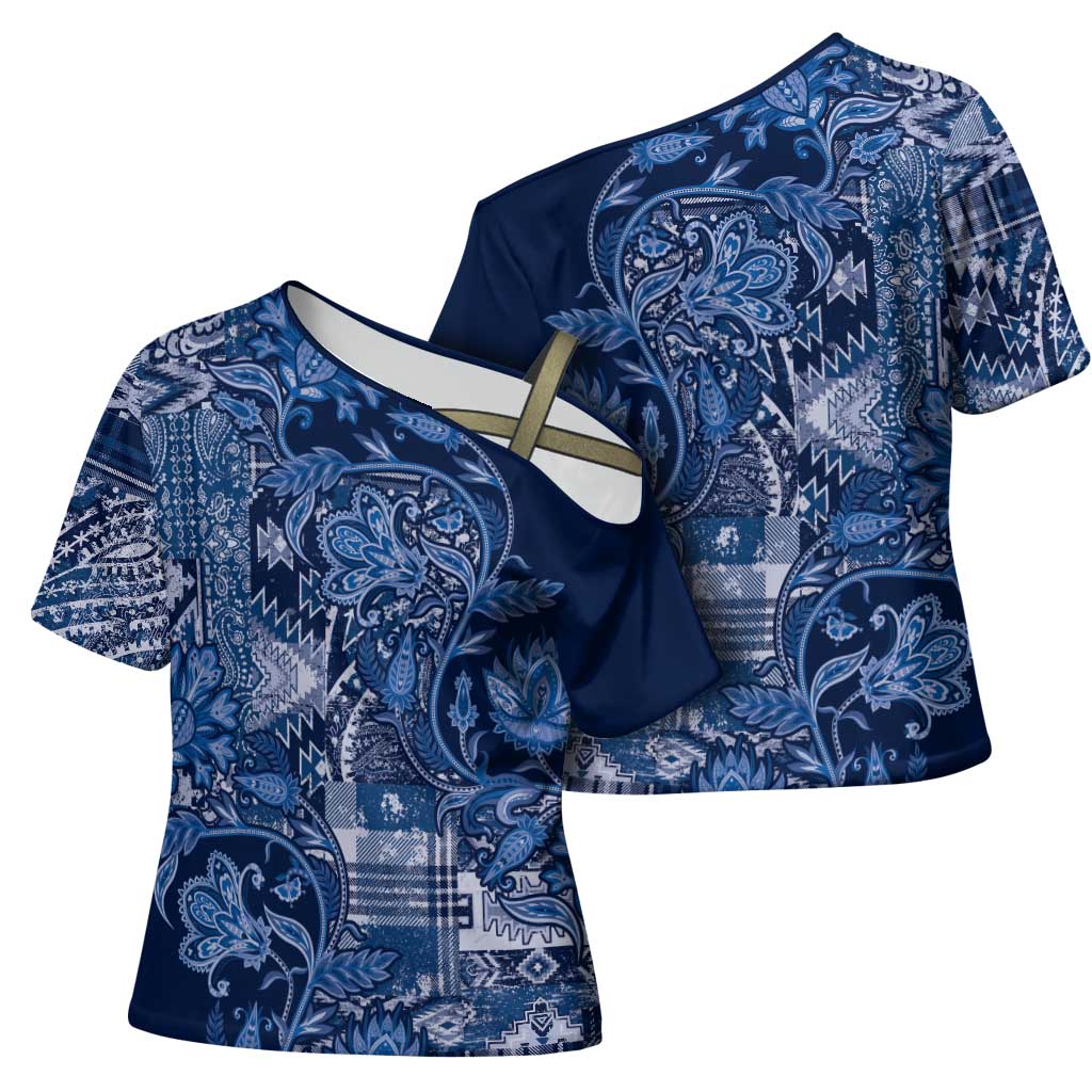 Africa Floral mix Maasai Shuka Cross Shoulder Shirt Blue Moitf