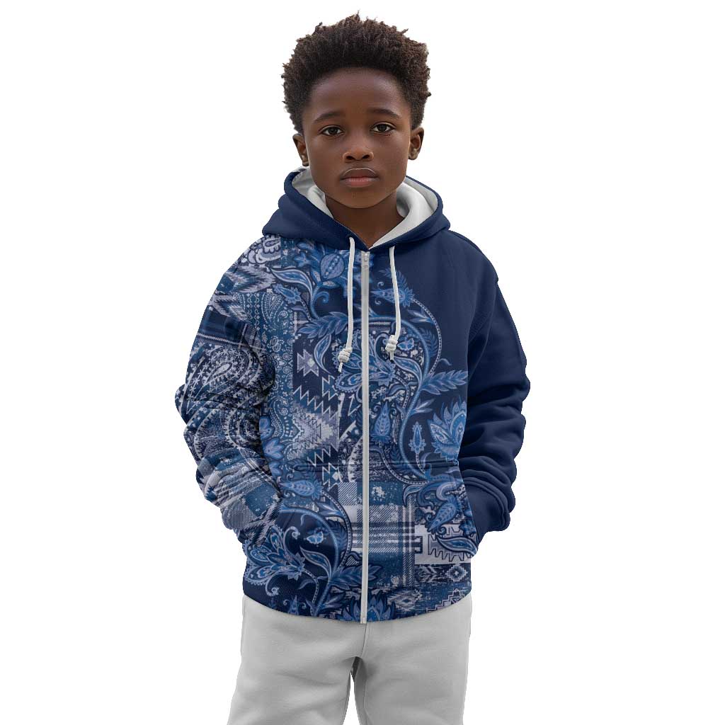 Afro Floral mix Maasai Shuka Kid Hoodie Blue Moitf