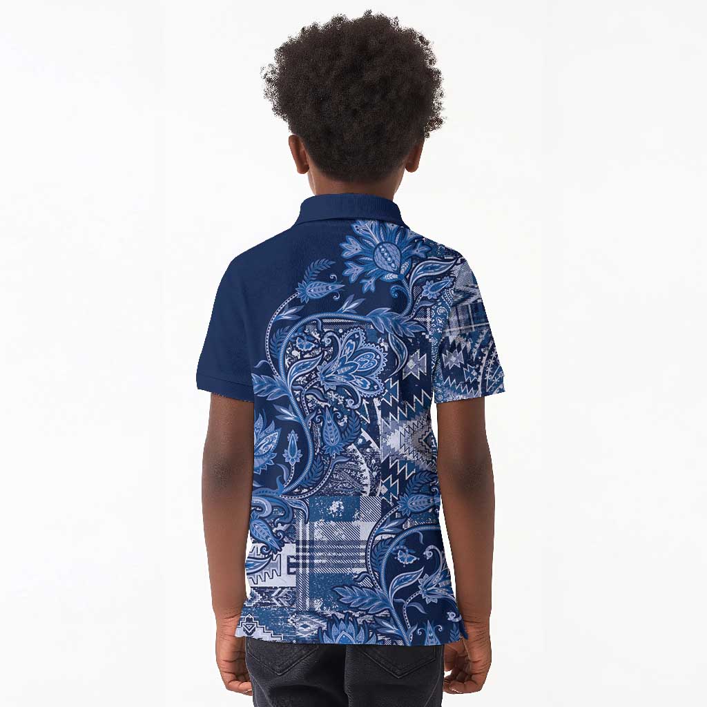 Afro Floral mix Maasai Shuka Kid Polo Shirt Blue Moitf