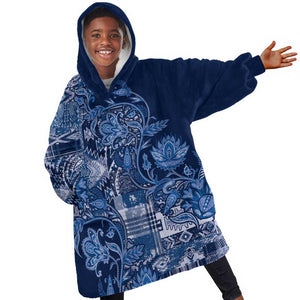 Afro Floral mix Maasai Shuka KId Wearable Blanket Hoodie Blue Moitf