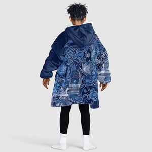Afro Floral mix Maasai Shuka KId Wearable Blanket Hoodie Blue Moitf