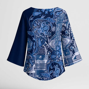 Africa Floral mix Maasai Shuka Kimono Sleeve Blouse Blue Moitf