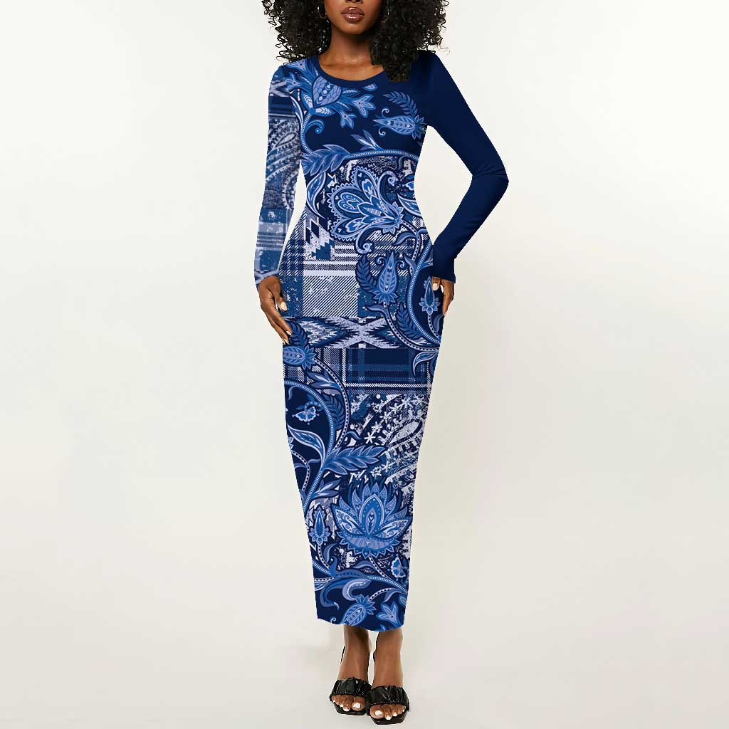 Afro Floral mix Maasai Shuka Long Sleeve Bodycon Dress Blue Moitf LT9