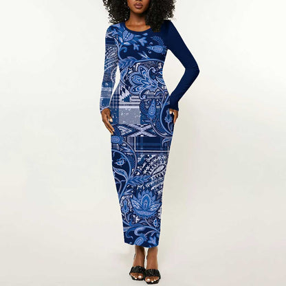 Afro Floral mix Maasai Shuka Long Sleeve Bodycon Dress Blue Moitf LT9