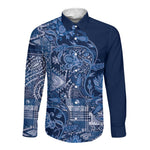 Afro Floral mix Maasai Shuka Long Sleeve Button Shirt Blue Moitf