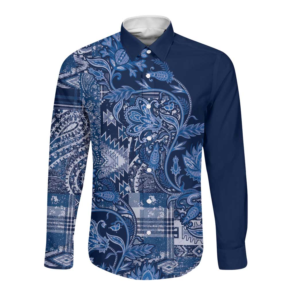 Afro Floral mix Maasai Shuka Long Sleeve Button Shirt Blue Moitf
