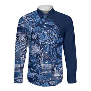 Afro Floral mix Maasai Shuka Long Sleeve Button Shirt Blue Moitf