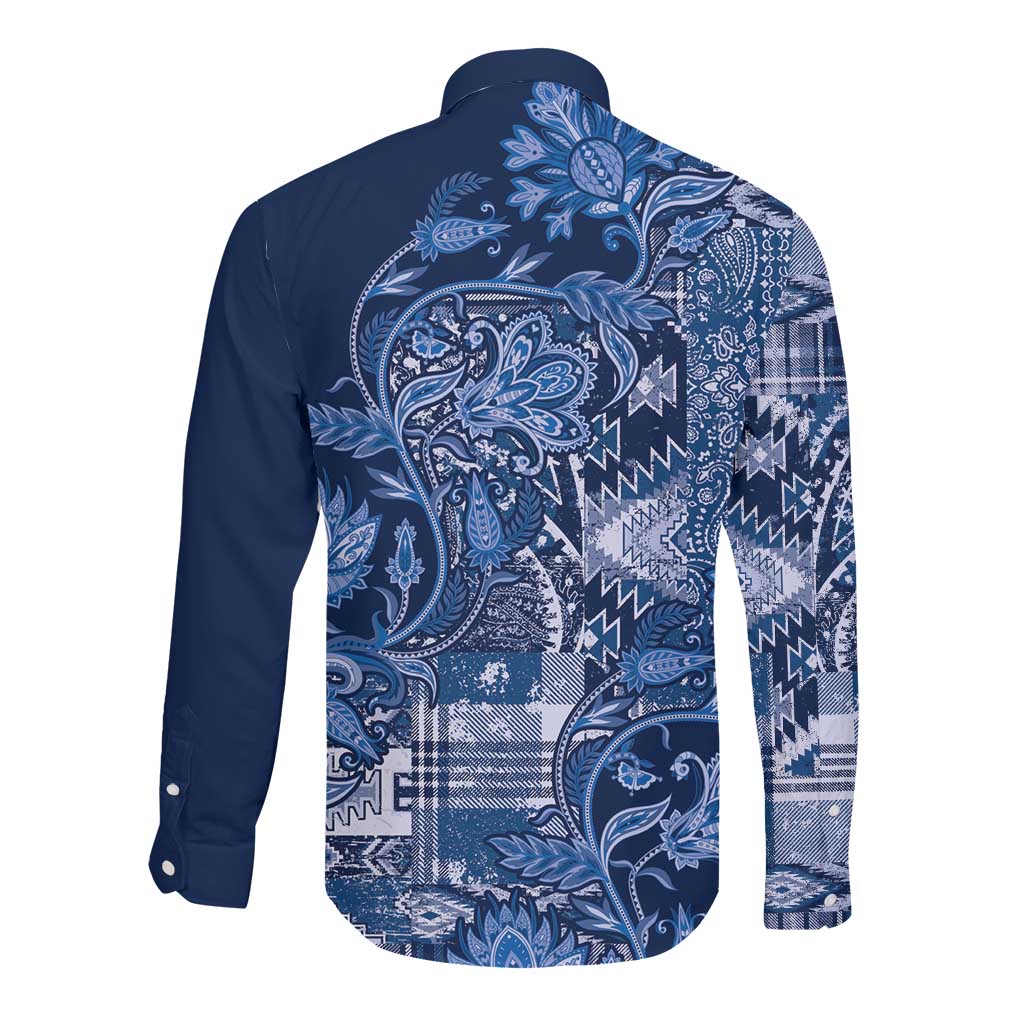 Afro Floral mix Maasai Shuka Long Sleeve Button Shirt Blue Moitf