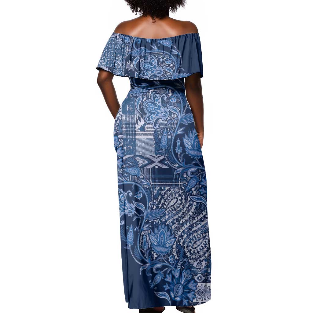 Afro Floral mix Maasai Shuka Off Shoulder Maxi Dress Blue Moitf