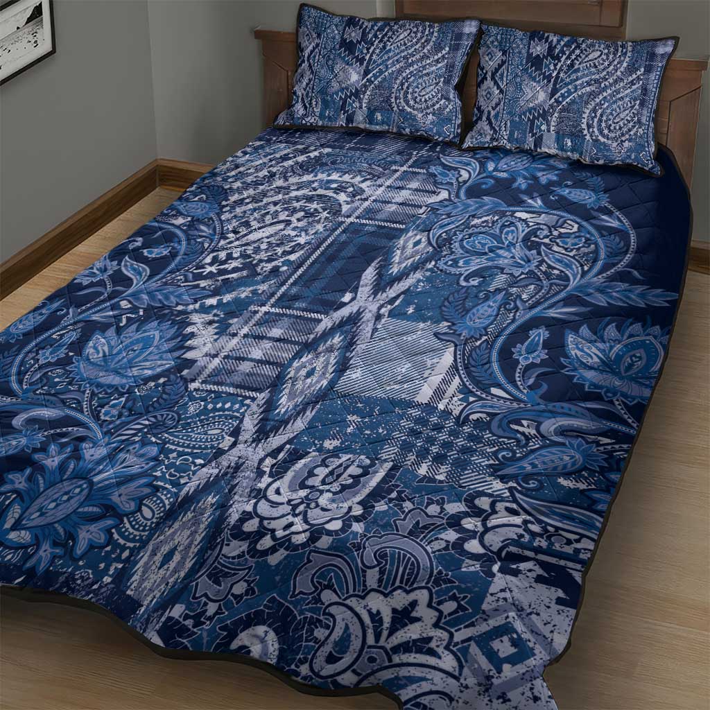 Afro Floral mix Maasai Shuka Quilt Bed Set Blue Moitf