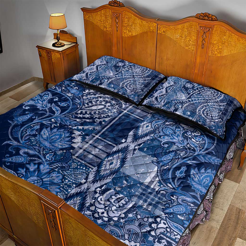 Afro Floral mix Maasai Shuka Quilt Bed Set Blue Moitf