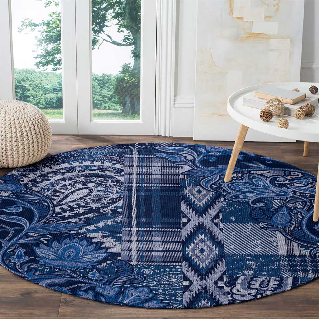Afro Floral mix Maasai Shuka Round Carpet Blue Moitf