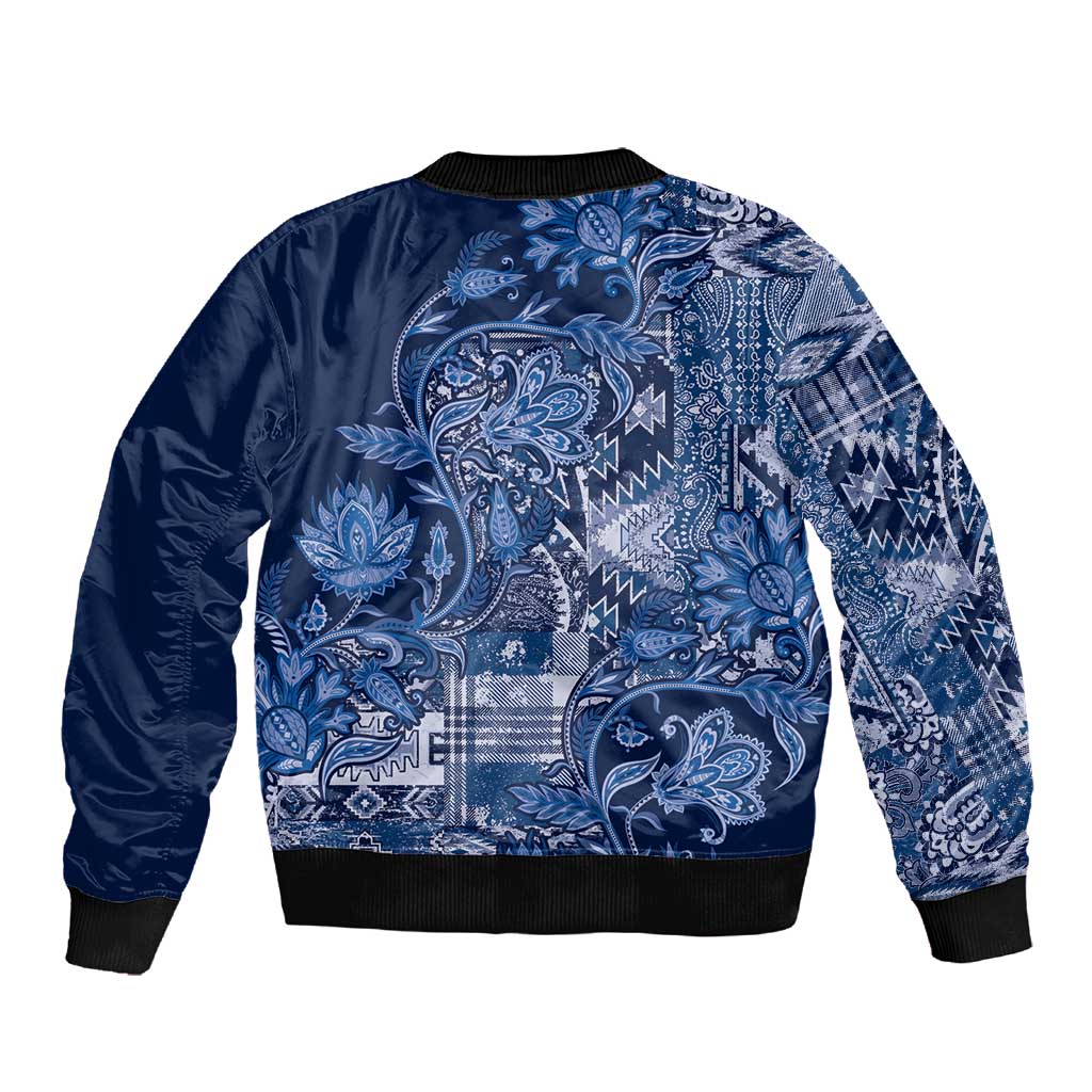 Afro Floral mix Maasai Shuka Sleeve Zip Bomber Jacket Blue Moitf