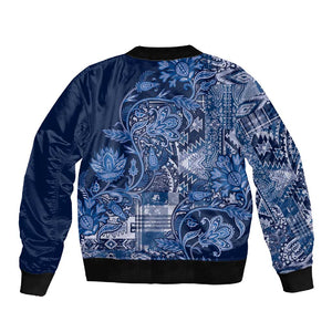 Afro Floral mix Maasai Shuka Sleeve Zip Bomber Jacket Blue Moitf