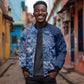 Afro Floral mix Maasai Shuka Sleeve Zip Bomber Jacket Blue Moitf