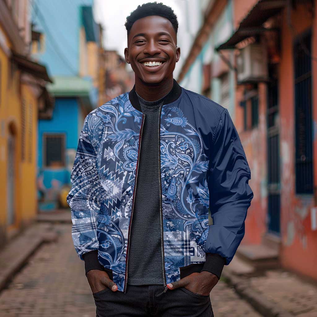 Afro Floral mix Maasai Shuka Sleeve Zip Bomber Jacket Blue Moitf