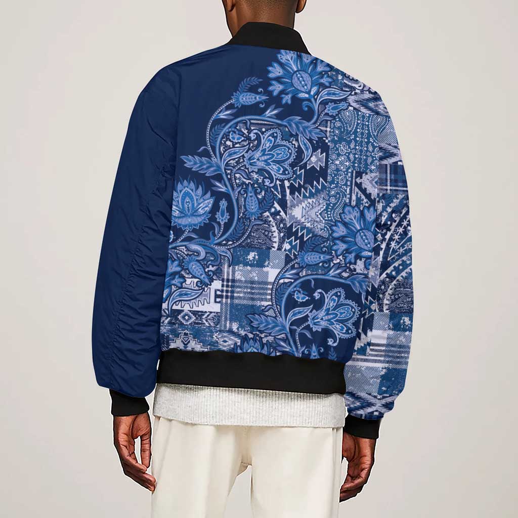 Afro Floral mix Maasai Shuka Sleeve Zip Bomber Jacket Blue Moitf