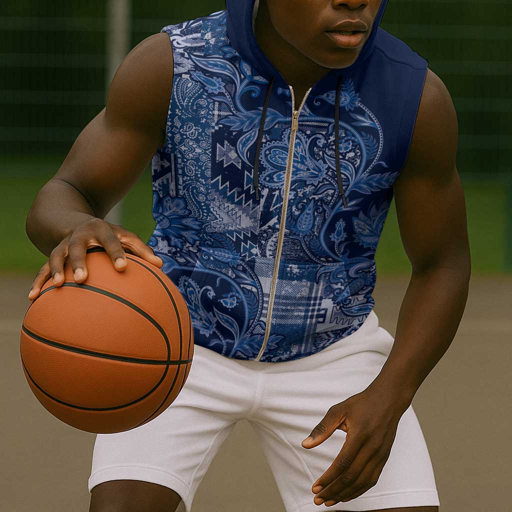 Afro Floral mix Maasai Shuka Sleeveless Zip Hoodie Blue Moitf - African Pride