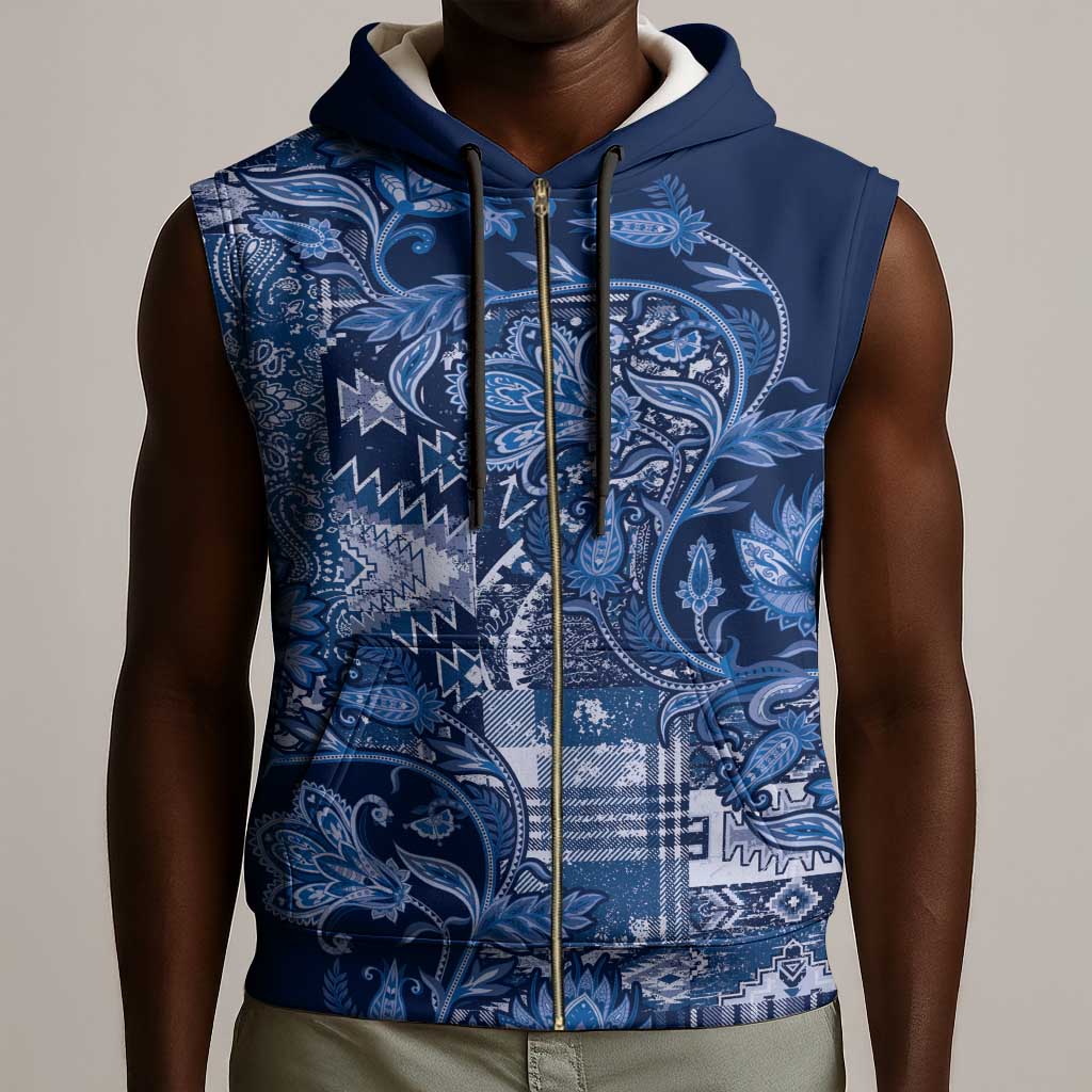Afro Floral mix Maasai Shuka Sleeveless Zip Hoodie Blue Moitf - African Pride