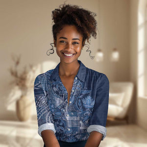 Afro Floral mix Maasai Shuka Women Casual Shirt Blue Moitf LT9