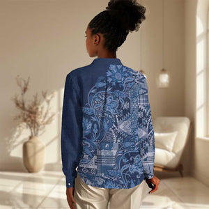 Afro Floral mix Maasai Shuka Women Casual Shirt Blue Moitf LT9