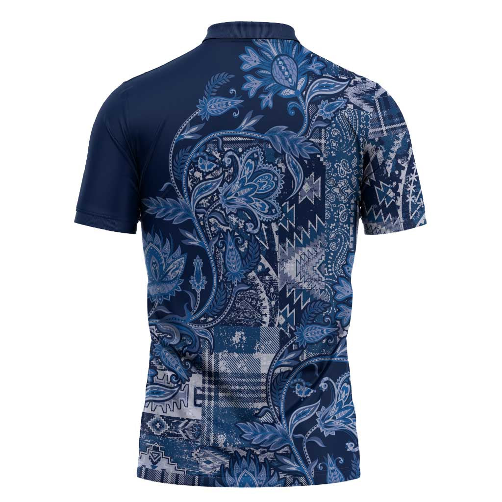 Africa Floral mix Maasai Shuka Zipper Polo Shirt Blue Moitf