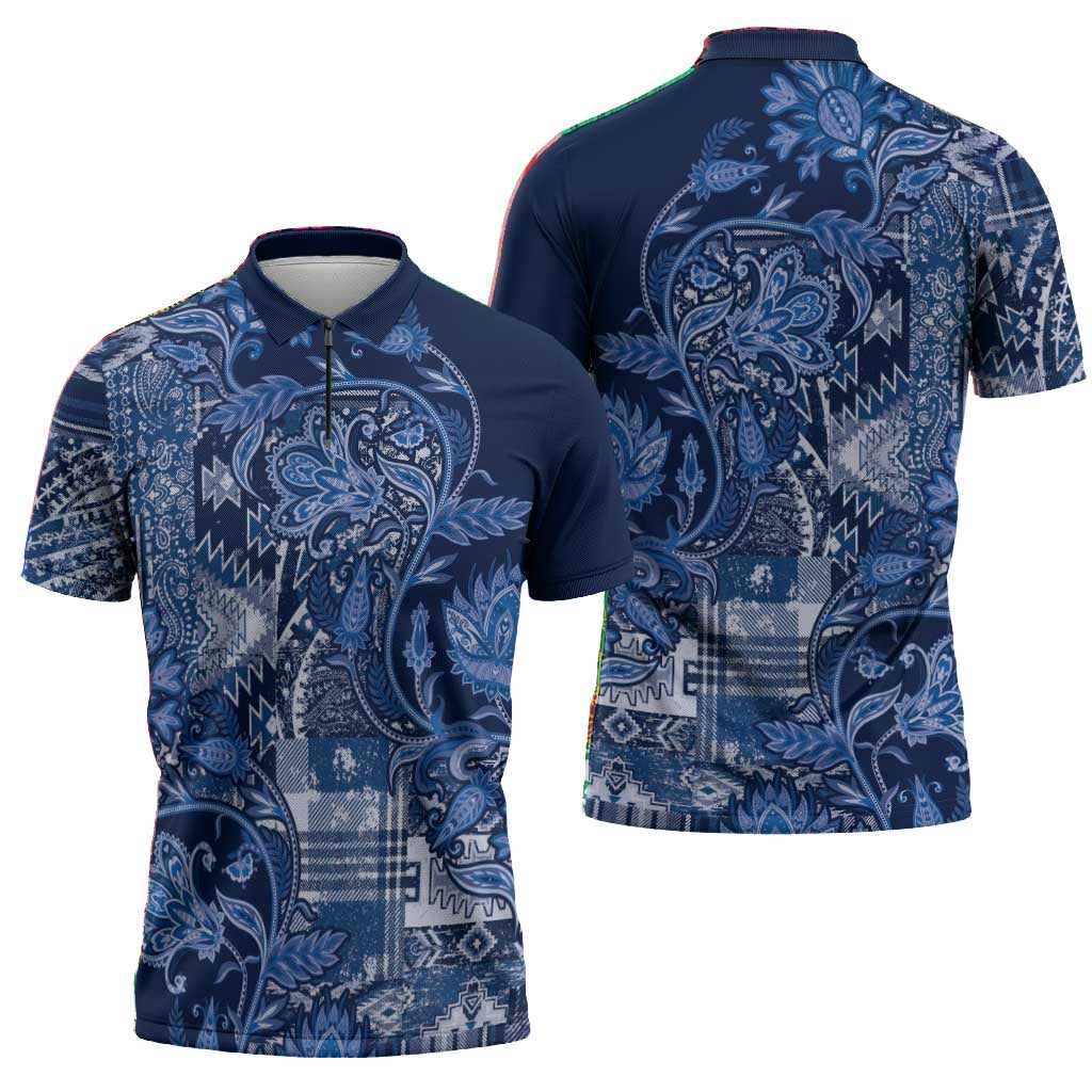 Africa Floral mix Maasai Shuka Zipper Polo Shirt Blue Moitf