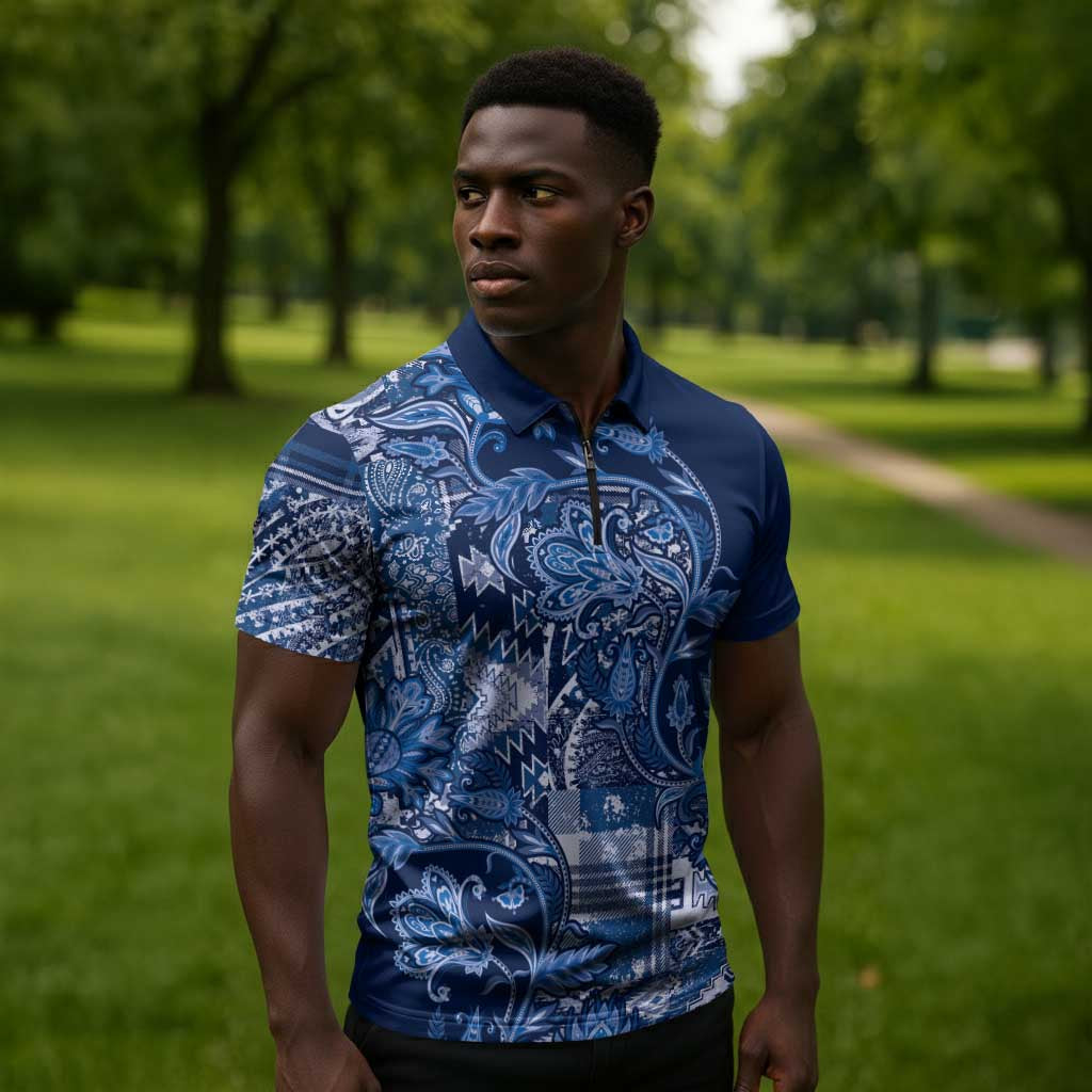 Africa Floral mix Maasai Shuka Zipper Polo Shirt Blue Moitf