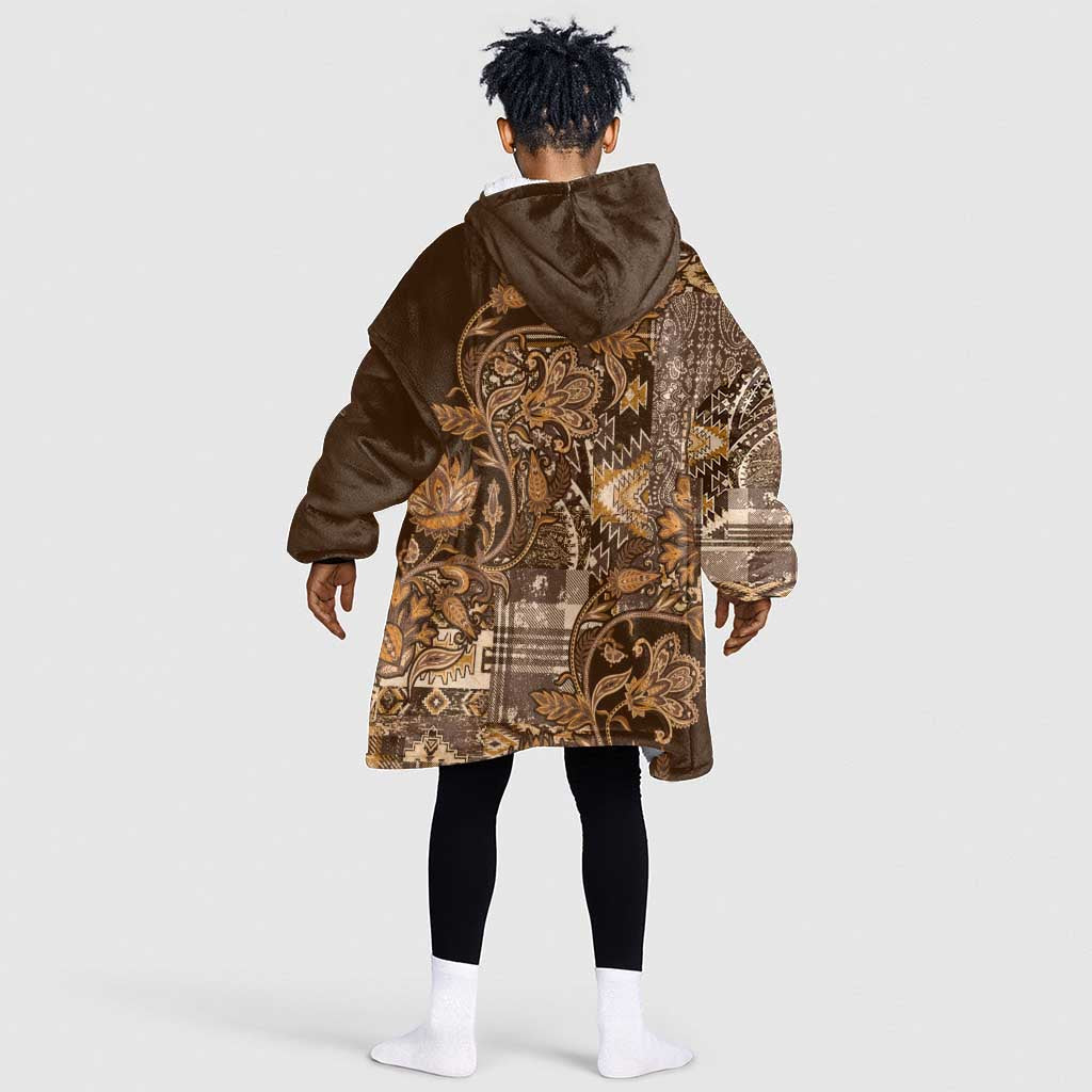Afro Floral mix Maasai Shuka KId Wearable Blanket Hoodie Gold Moitf