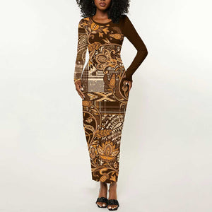 Afro Floral mix Maasai Shuka Long Sleeve Bodycon Dress Gold Moitf LT9