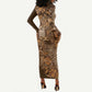 Afro Floral mix Maasai Shuka Long Sleeve Bodycon Dress Gold Moitf LT9