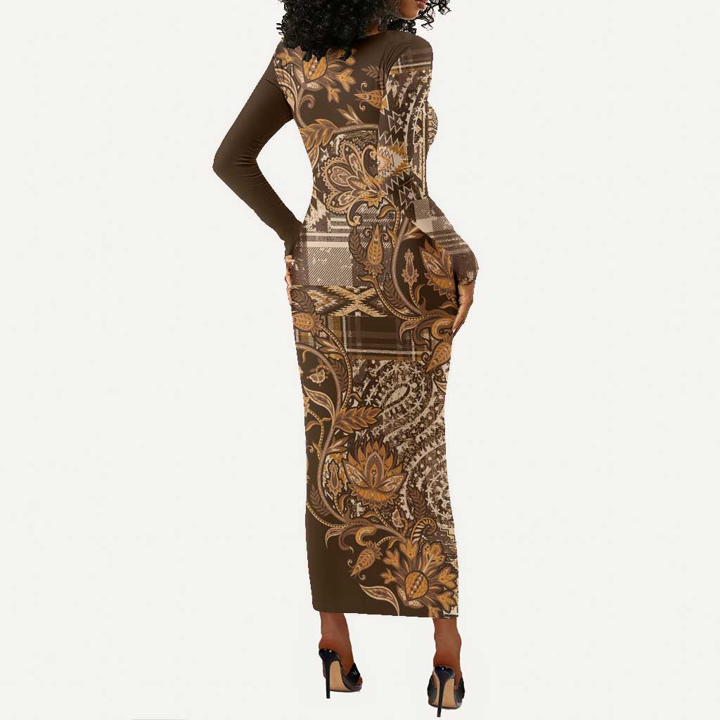 Afro Floral mix Maasai Shuka Long Sleeve Bodycon Dress Gold Moitf LT9