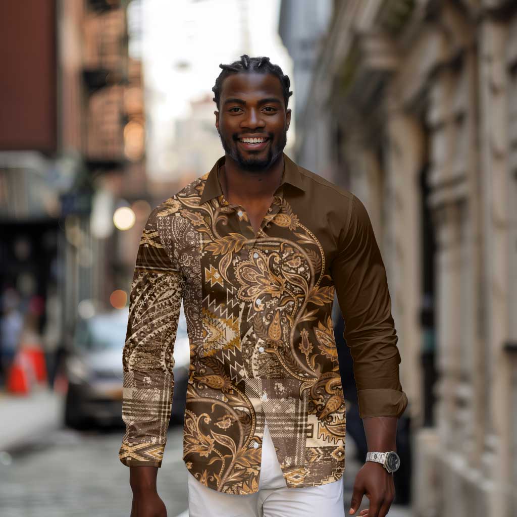 Afro Floral mix Maasai Shuka Long Sleeve Button Shirt Gold Moitf