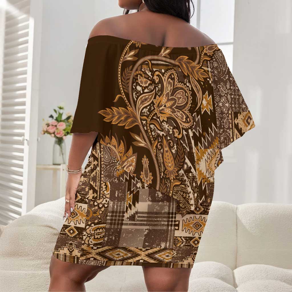 Afro Floral mix Maasai Shuka Off Shoulder Short Dress Gold Moitf