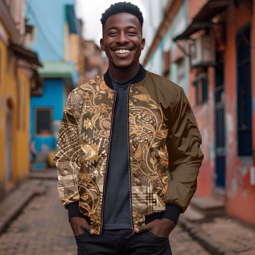 Afro Floral mix Maasai Shuka Sleeve Zip Bomber Jacket Gold Moitf
