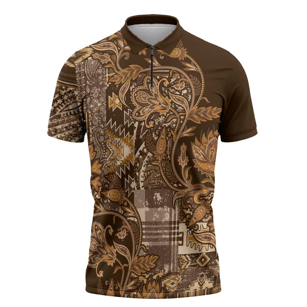 Africa Floral mix Maasai Shuka Zipper Polo Shirt Gold Moitf