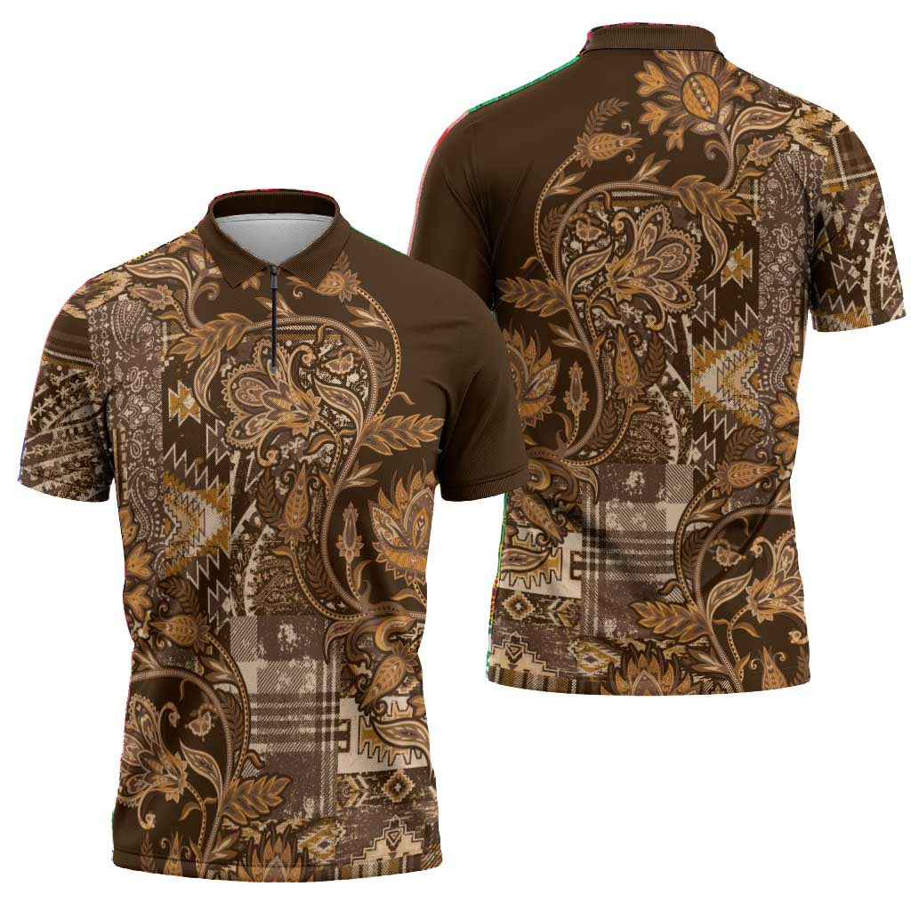 Africa Floral mix Maasai Shuka Zipper Polo Shirt Gold Moitf