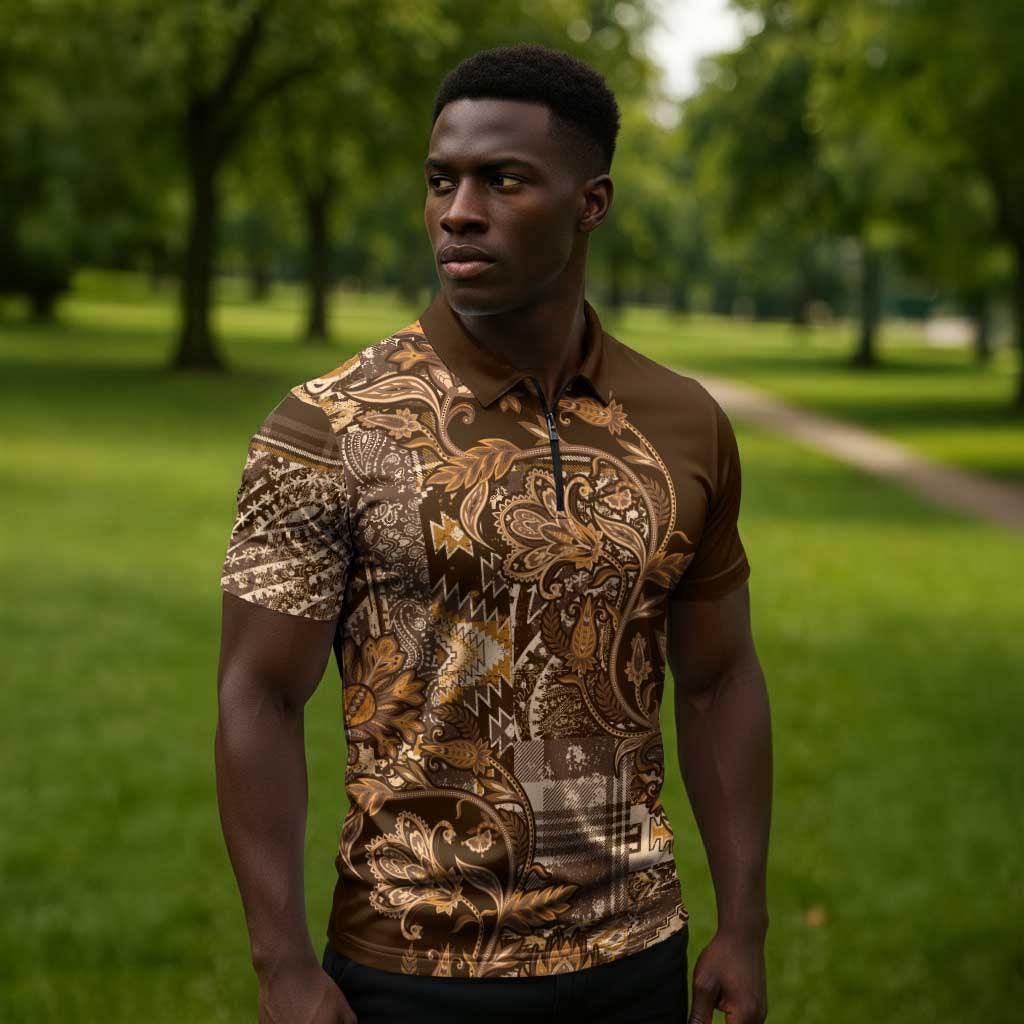 Africa Floral mix Maasai Shuka Zipper Polo Shirt Gold Moitf