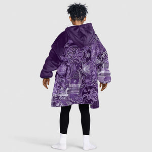 Afro Floral mix Maasai Shuka KId Wearable Blanket Hoodie Purple Moitf