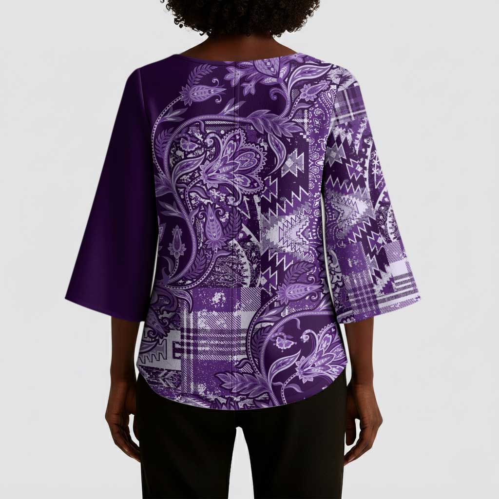Africa Floral mix Maasai Shuka Kimono Sleeve Blouse Purple Moitf