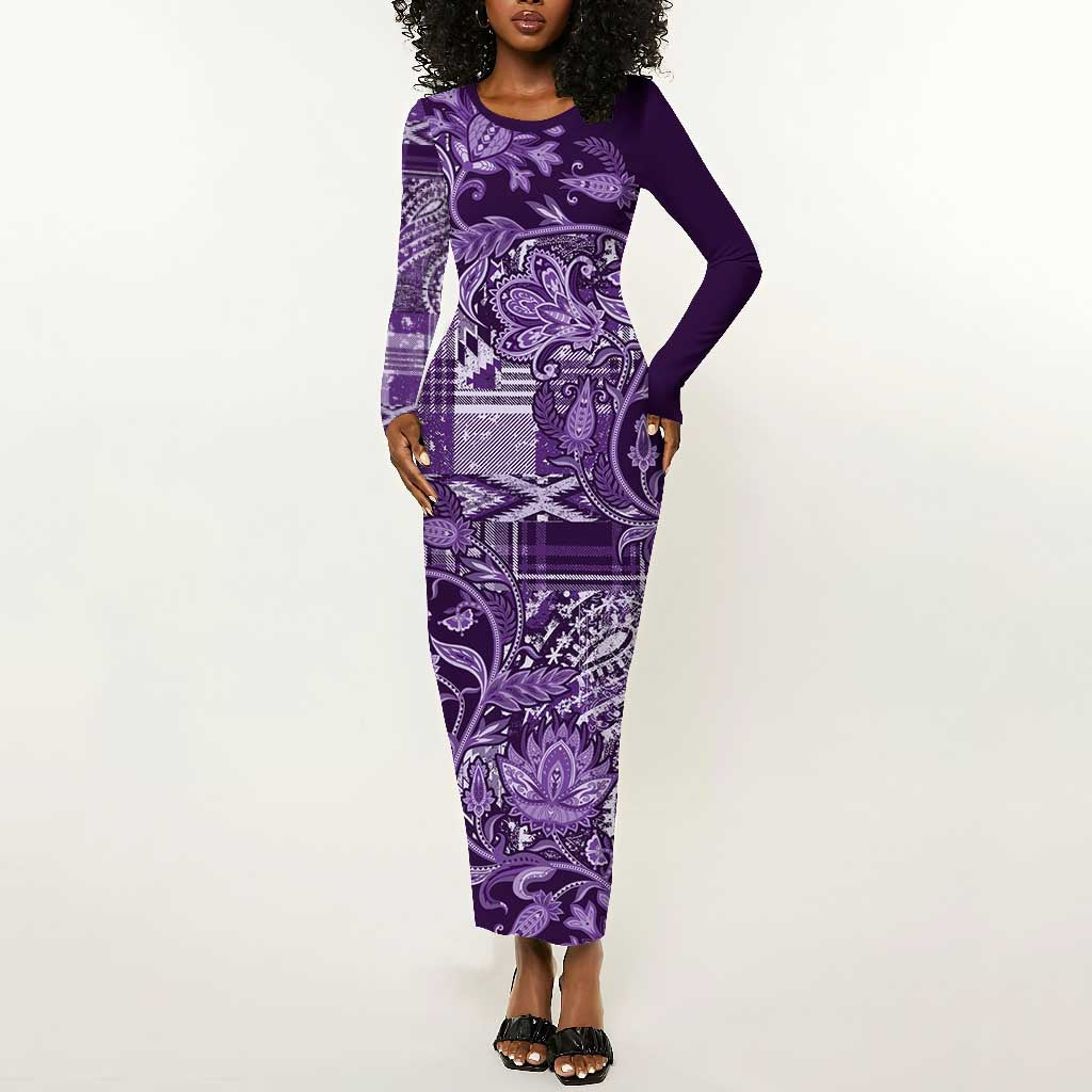 Afro Floral mix Maasai Shuka Long Sleeve Bodycon Dress Purple Moitf LT9