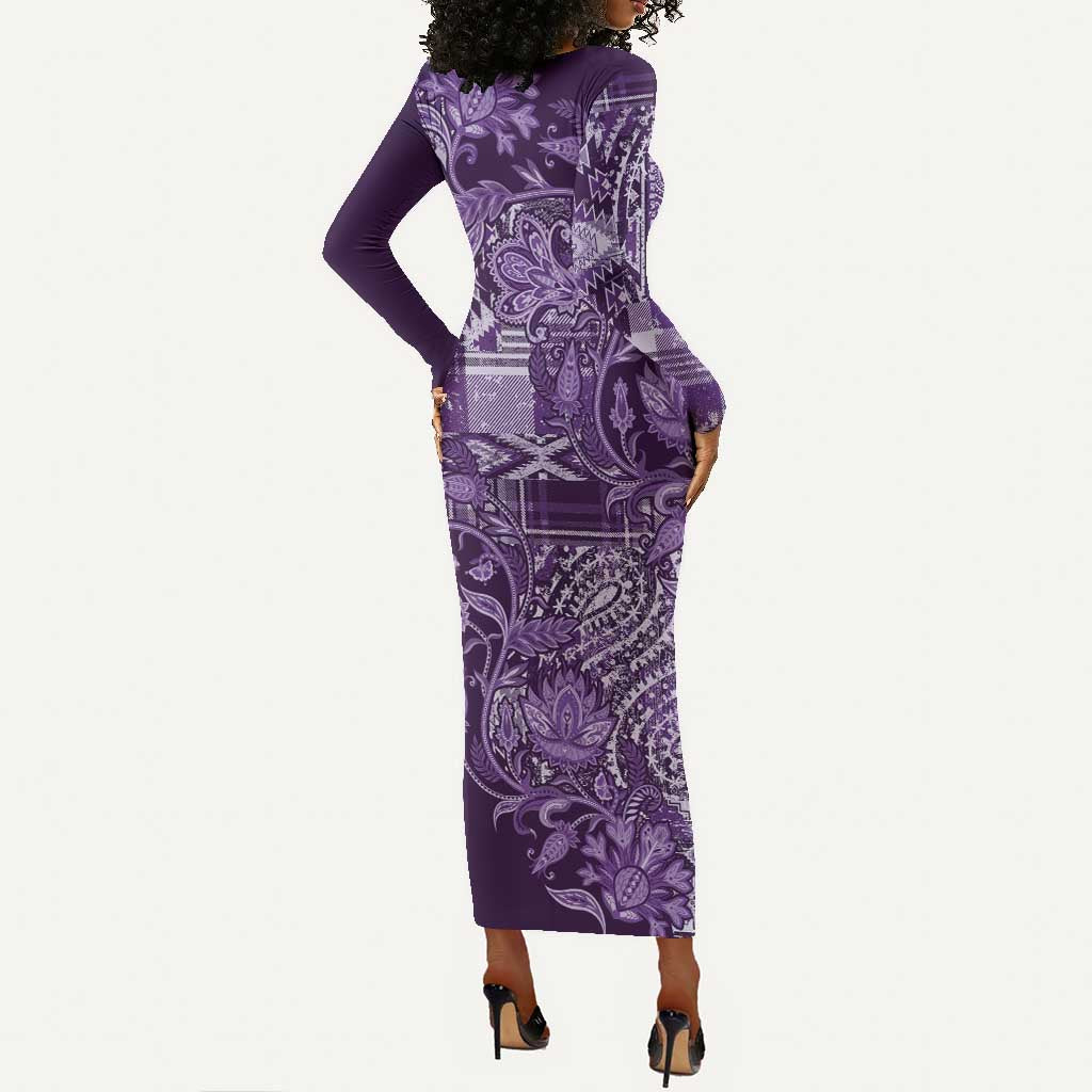 Afro Floral mix Maasai Shuka Long Sleeve Bodycon Dress Purple Moitf LT9