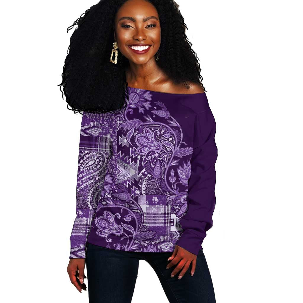 Afro Floral mix Maasai Shuka Off Shoulder Sweater Purple Moitf